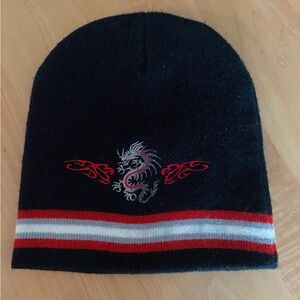 Y2K Vintage Striped Beanie with Dragon Embroidery